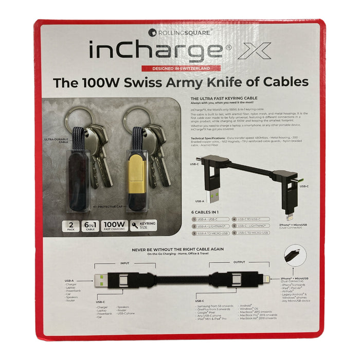 Rolling Square inCharge X 100W 6-in-1 USB-A/USB-C Keyring Cable, 2pk