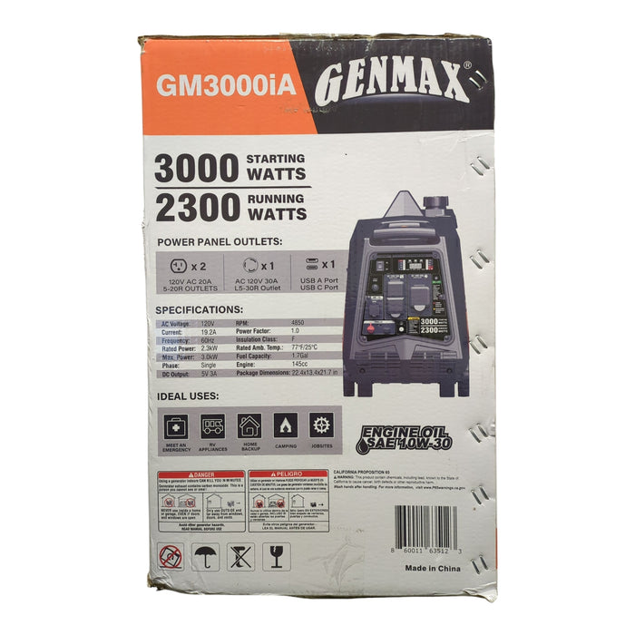 Genmax Portable & Lightweight Inverter Generator, 3000-Watt CO Sensor, GM3000iA