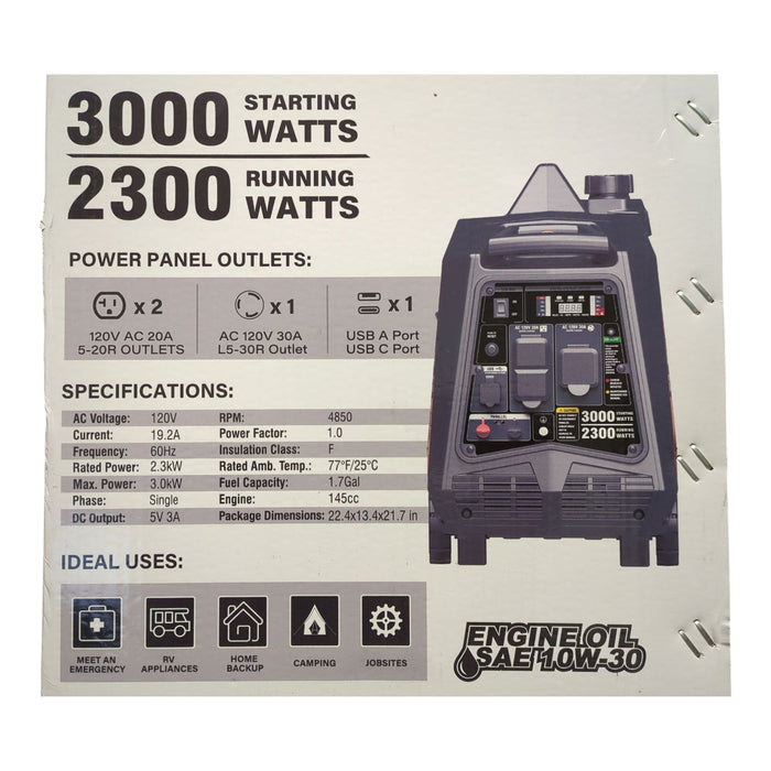 Genmax Portable & Lightweight Inverter Generator, 3000-Watt CO Sensor, GM3000iA