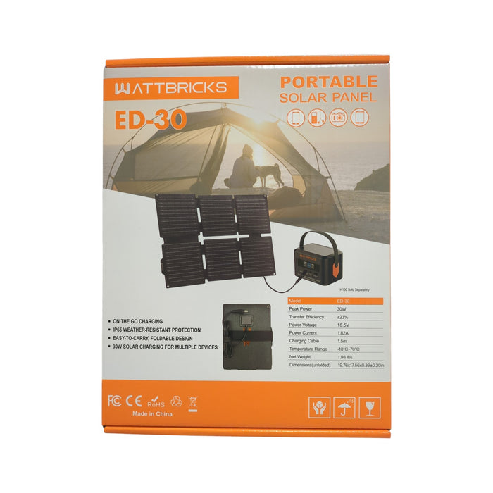 Wattbricks Portable Solar Panel IP65 Weather Resistant, 30W Charging, ED-30
