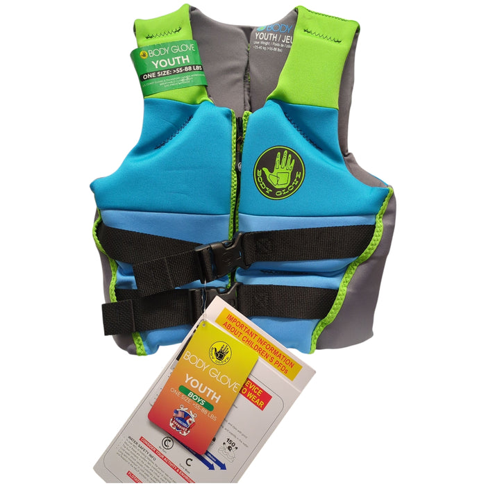 Body Glove Youth Evoprene PFD USCG Approved Life Jacket, 55-88lbs, Blue/Green