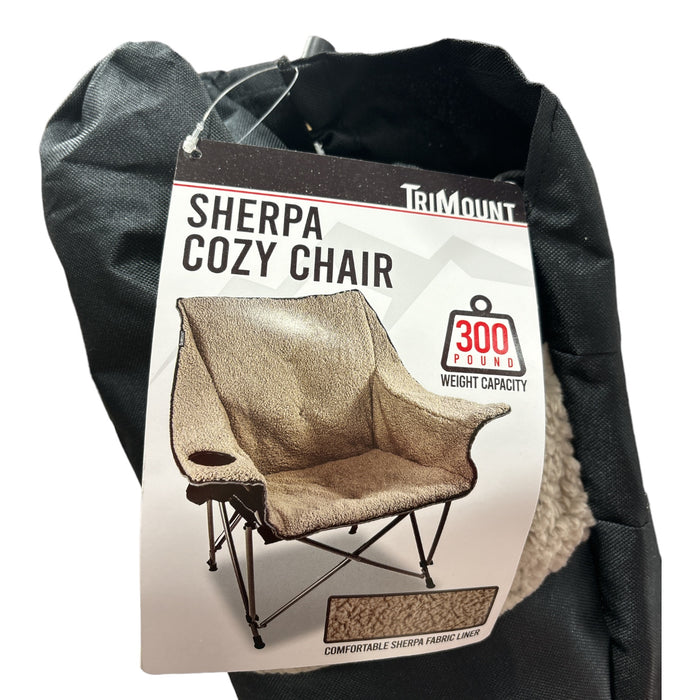 TriMount Foldable Sherpa Cozy Chair w/ Cupholder & Carry Bag, Black/Cream