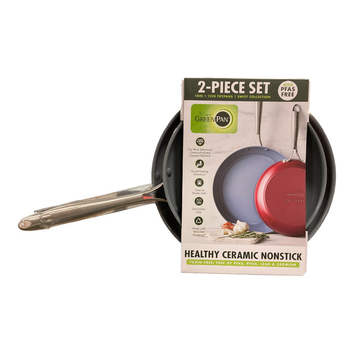 GreenPan Swift Ceramic Nonstick Frypan Pan Skillet Set, 10" & 12", Red