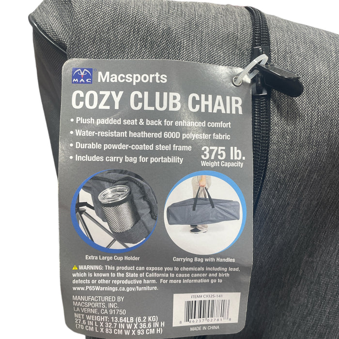 Mac Sports Padded Water Resistant Foldable Cozy Club Chair w/ Carry Bag, Grey