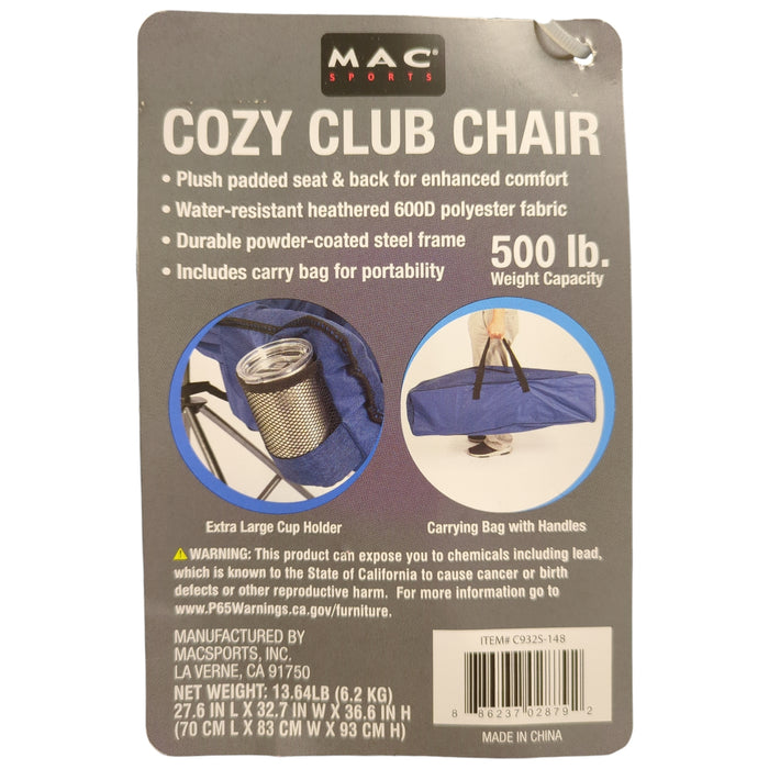 Mac Sports Padded Heavy Duty Foldable Cozy Club Chair with Carry Bag, Blue