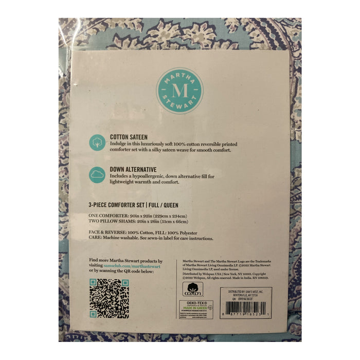 Martha Stewart 3 Piece 100% Cotton Sateen Comforter Set, Full/Queen