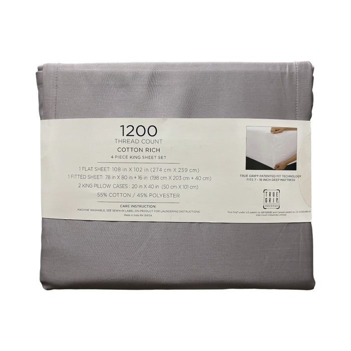 Color Sense 1200 Thread Count 4 Piece Sheet Set, King, Light Gray