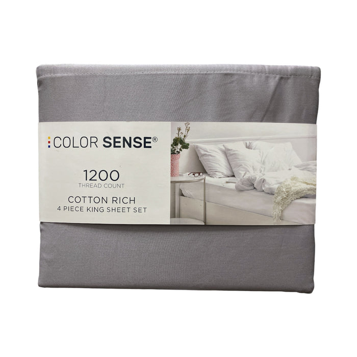 Color Sense 1200 Thread Count 4 Piece Sheet Set, King, Light Gray