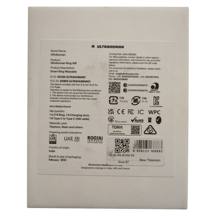 Ultrahuman Ring AIR Smart Ring, Health Tracker, Men/Women, Raw Titanium, Size 7