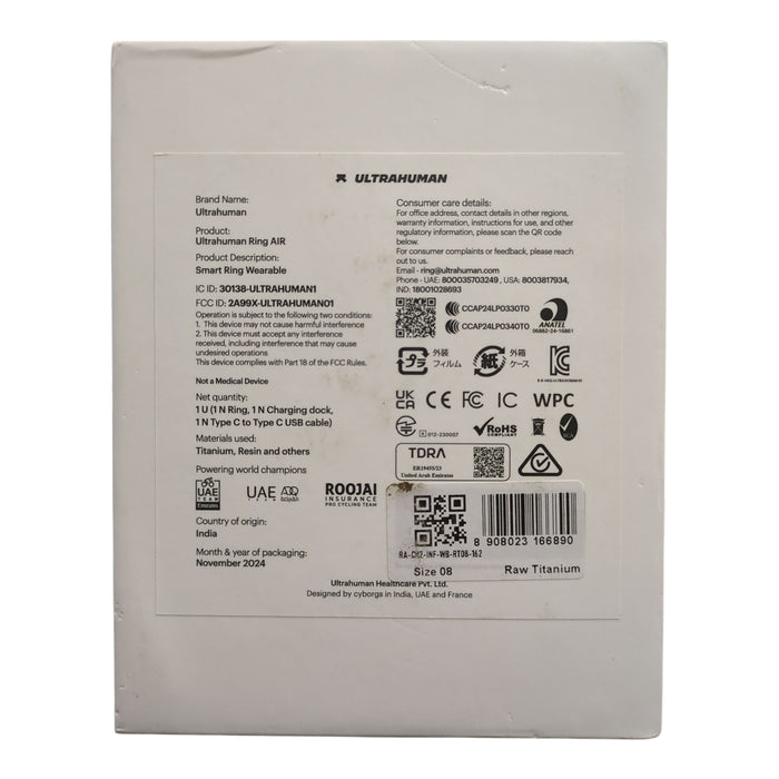 Ultrahuman Ring AIR Smart Ring, Health Tracker, Men/Women, Raw Titanium, Size 8