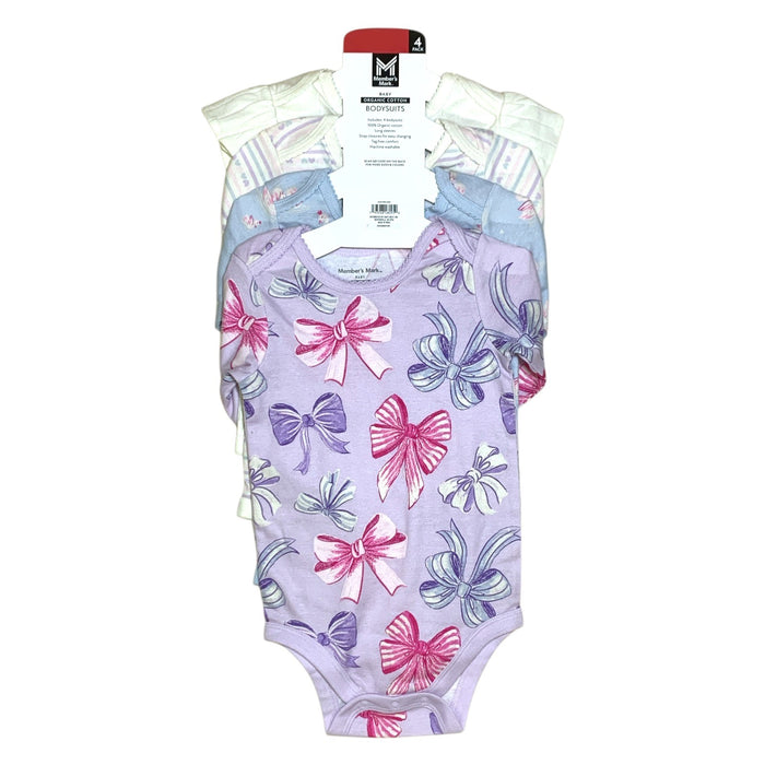 Member's Mark Baby Girls Organic Cotton Bodysuits 4-Pack, Long Sleeve with Snaps