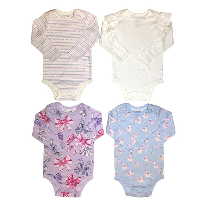 Member's Mark Baby Girls Organic Cotton Bodysuits 4-Pack, Long Sleeve with Snaps