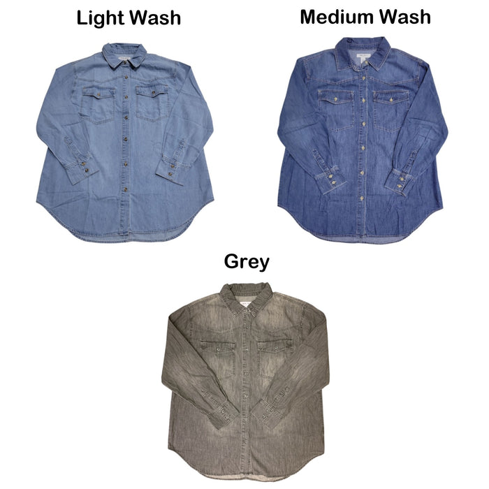 Nine West Women's Over Sized Long Sleeve Plus Denim Button Up Top