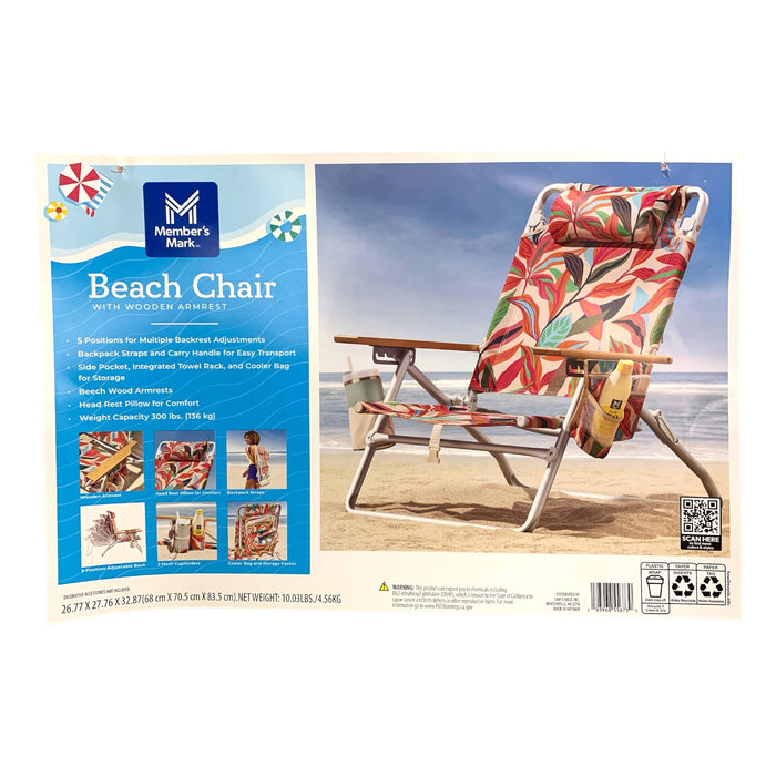 Member's Mark Beach Chair with Beech Wood Armrests, 5 Positions with Back Straps