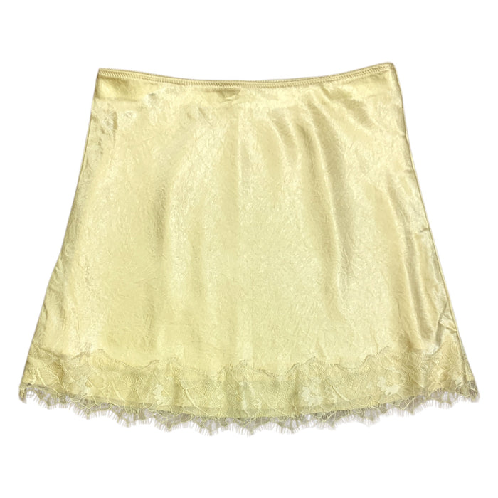 Express Women's Satin Mini Skirt with Scalloped Lace Hem and Eyelash Trim