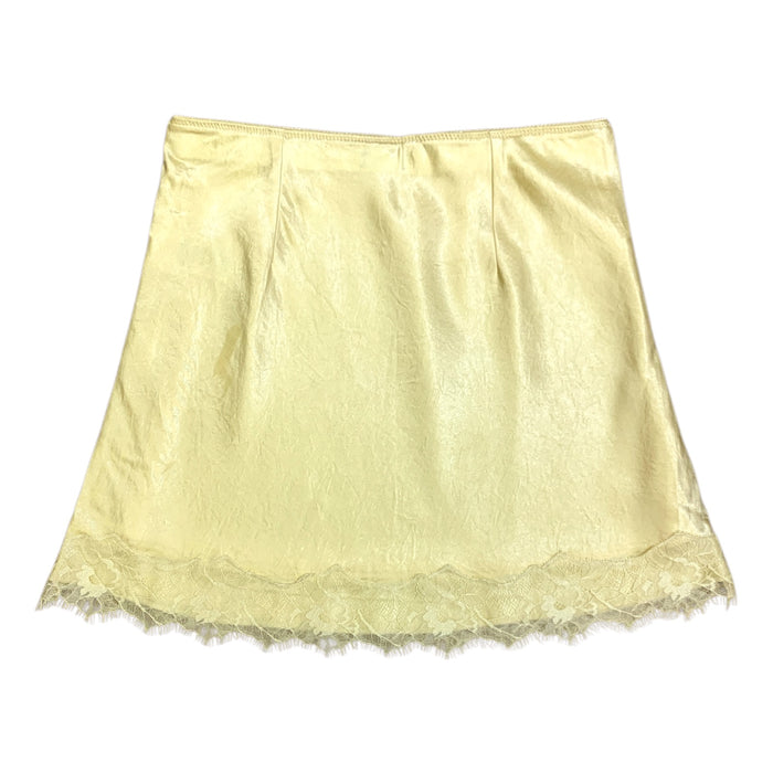 Express Women's Satin Mini Skirt with Scalloped Lace Hem and Eyelash Trim