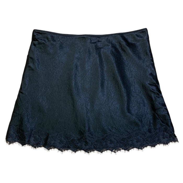 Express Women's Satin Mini Skirt with Scalloped Lace Hem and Eyelash Trim