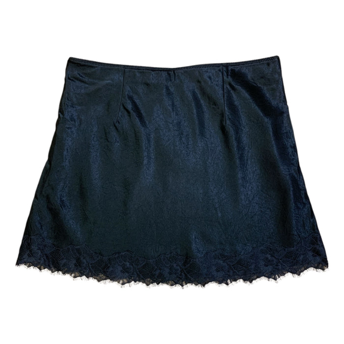 Express Women's Satin Mini Skirt with Scalloped Lace Hem and Eyelash Trim