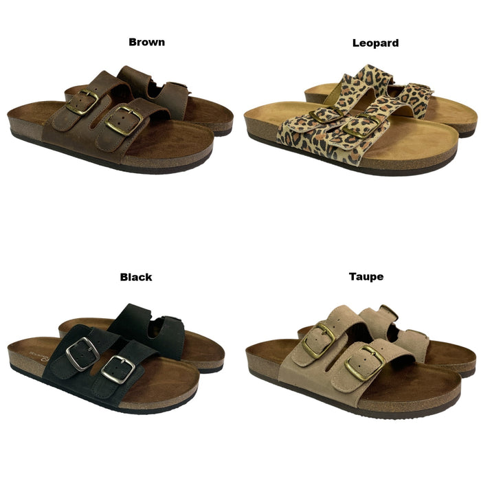 Mountain Sole Women's Easy Slide-On Double Buckle Leather Sandal