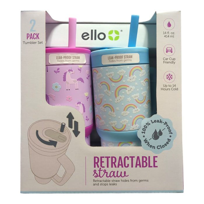 Ello Oasis 14oz Stainless Steel Kids Tumbler with Handle, 100% Leakproof, 2-Pack