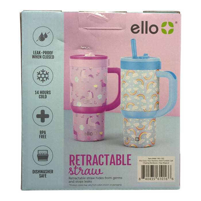 Ello Oasis 14oz Stainless Steel Kids Tumbler with Handle, 100% Leakproof, 2-Pack