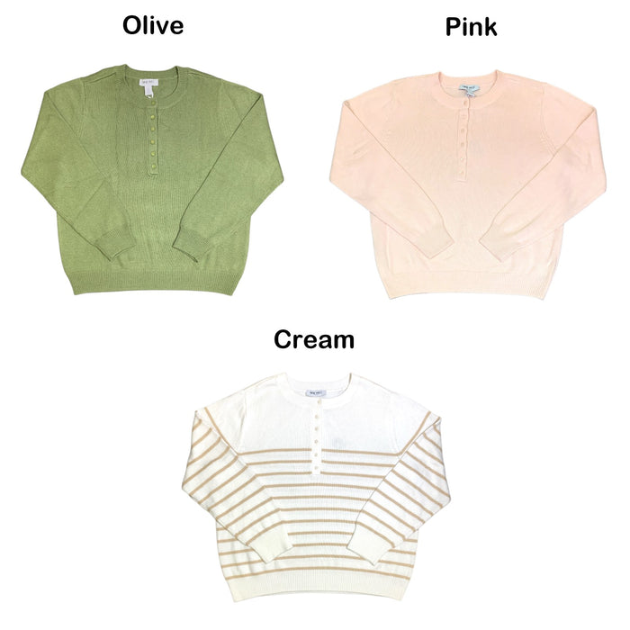 Nine West Women's Sweater Henley, Crew Neck, Long Sleeve with Ribbed Cuff