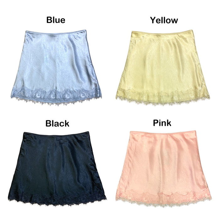 Express Women's Satin Mini Skirt with Scalloped Lace Hem and Eyelash Trim
