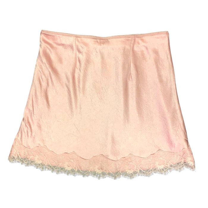 Express Women's Satin Mini Skirt with Scalloped Lace Hem and Eyelash Trim