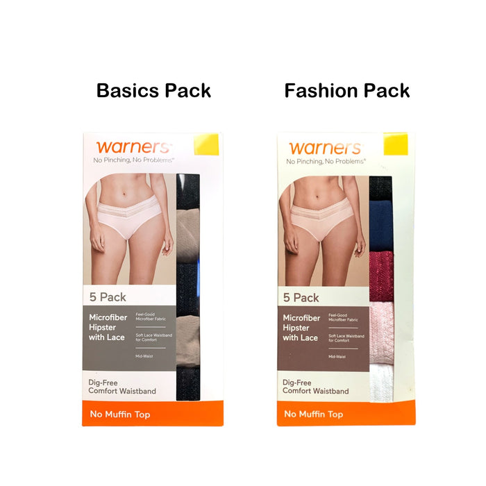 Warners Women's 5-Pack Microfiber Hipster Panty with Lace, Dig-Free Comfort Band
