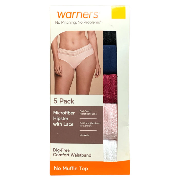 Warners Women's 5-Pack Microfiber Hipster Panty with Lace, Dig-Free Comfort Band