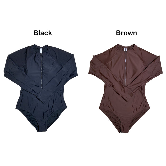 Outdoor Voices Women's Long Sleeve Front Zip Surfsuit, Highleg Bikini Silhouette