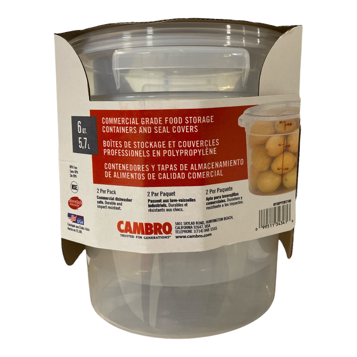 Cambro Commercial Grade Food Storage Containers & Seal Covers, 6 Quart