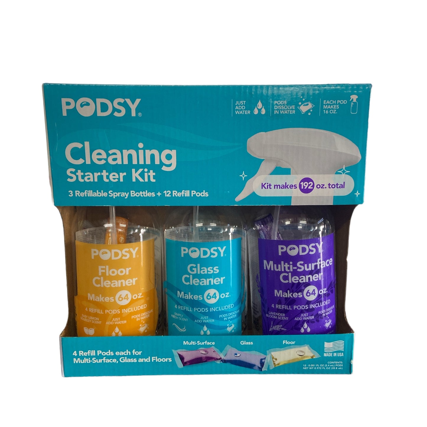 Podsy Cleaning Refillable Starter Kit (3 Spray Bottles + 12 Refill Pods)