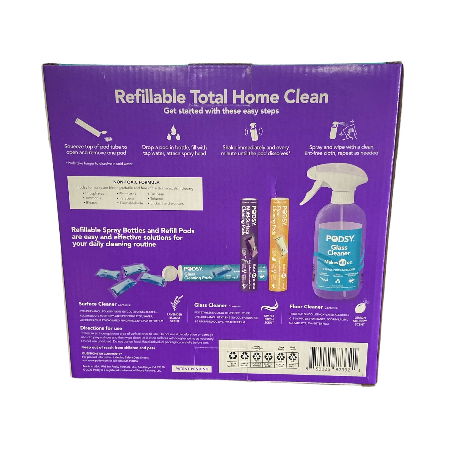 Podsy Cleaning Refillable Starter Kit (3 Spray Bottles + 12 Refill Pods)