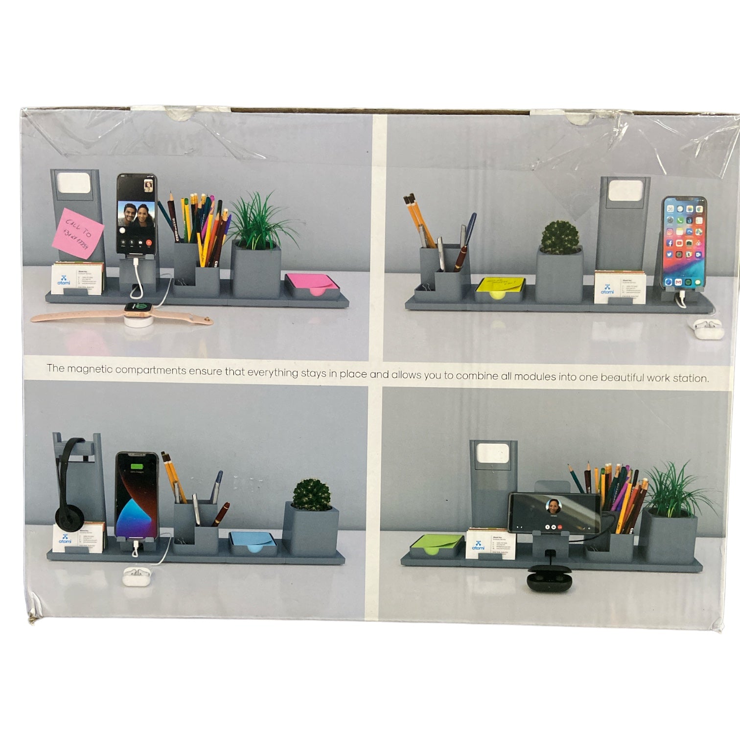 Atomi Magnetic Modular Desktop Organizer with USB Charge Port, LED, St ...