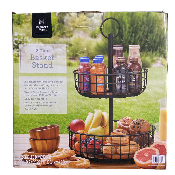 Member's Mark 2 Tier Wire Basket Stand with Wood Base, Black, 23.25" x 15"