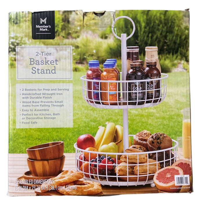 Member's Mark 2 Tier Wire Basket Stand with Wooden Base, White *Open Box*