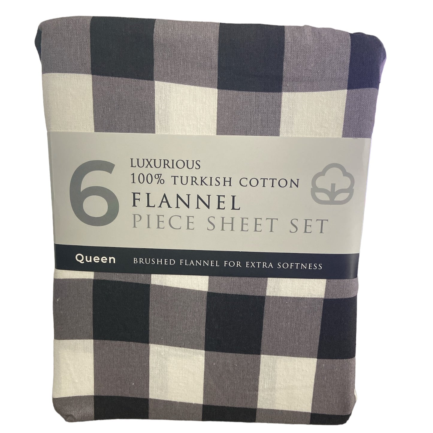 Luxurious Turkish Cotton 6 Piece Flannel Sheet Set, Black/White Plaid, Queen