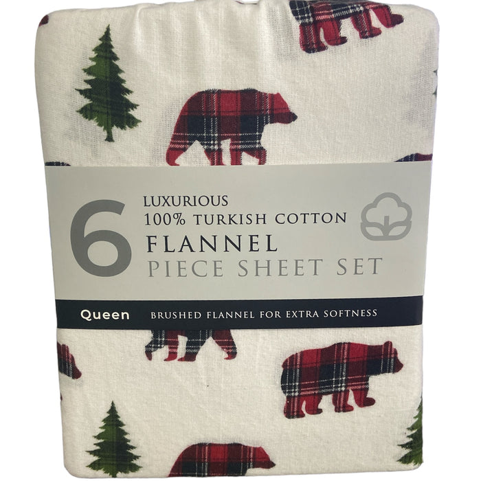 Luxury Turkish Cotton Flannel Sheet Set Plaid Bear, Flannel, Queen