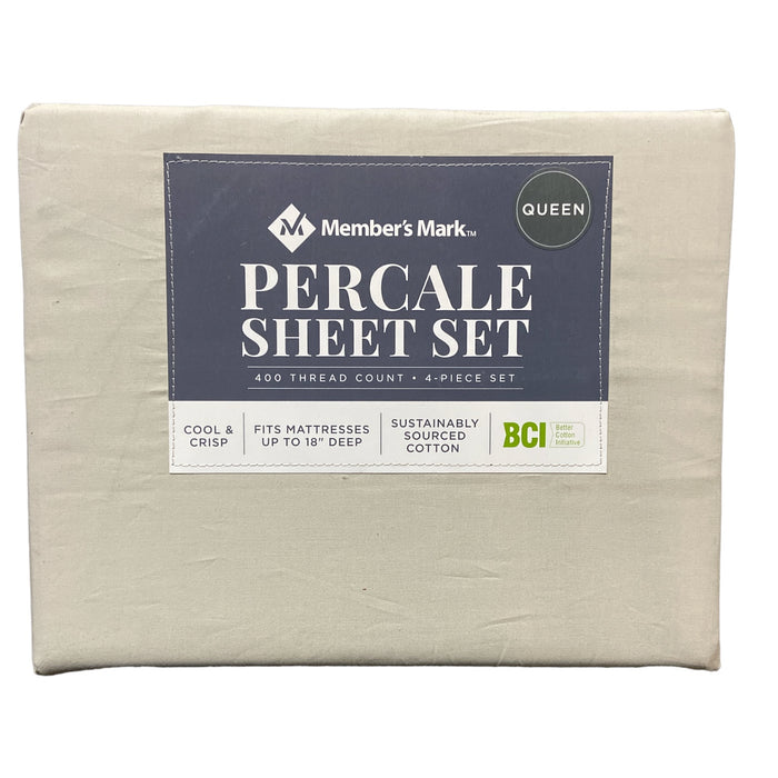 Member's Mark 400-Thread-Count Percale Sheet Set, Solid Soft Silver, Queen