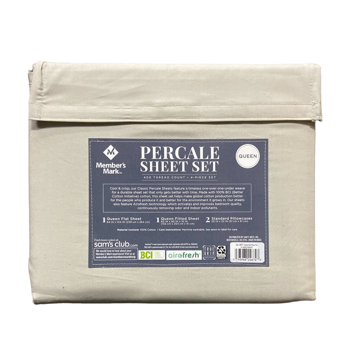 Member's Mark 400-Thread-Count Percale Sheet Set, Solid Soft Silver, Queen