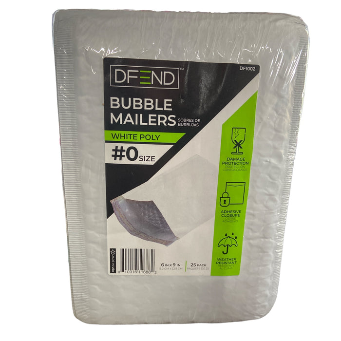 DFEND #0 Poly Bubble Mailer - White, 25 pk, 6" x 9"