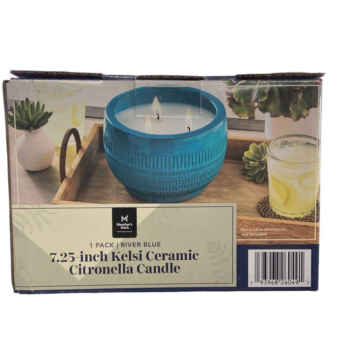 Member's Mark 7.25" Kelsi Ceramic Outdoor Citronella Candle, 3 Wick, River Blue