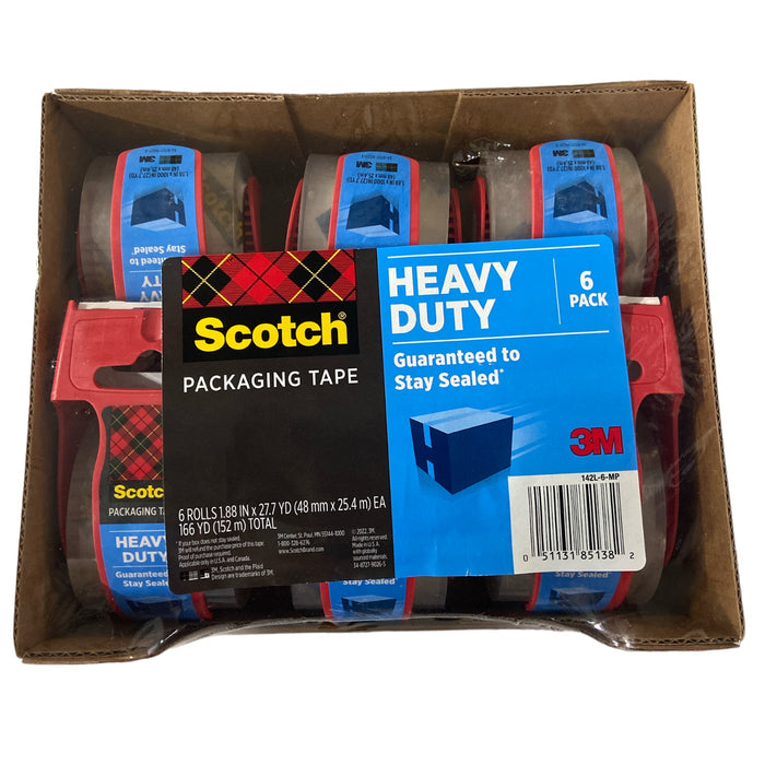 Scotch Heavy Duty Shipping Packaging Tape Dispensers, 1.88" x 27.7 yd, 6 Pack