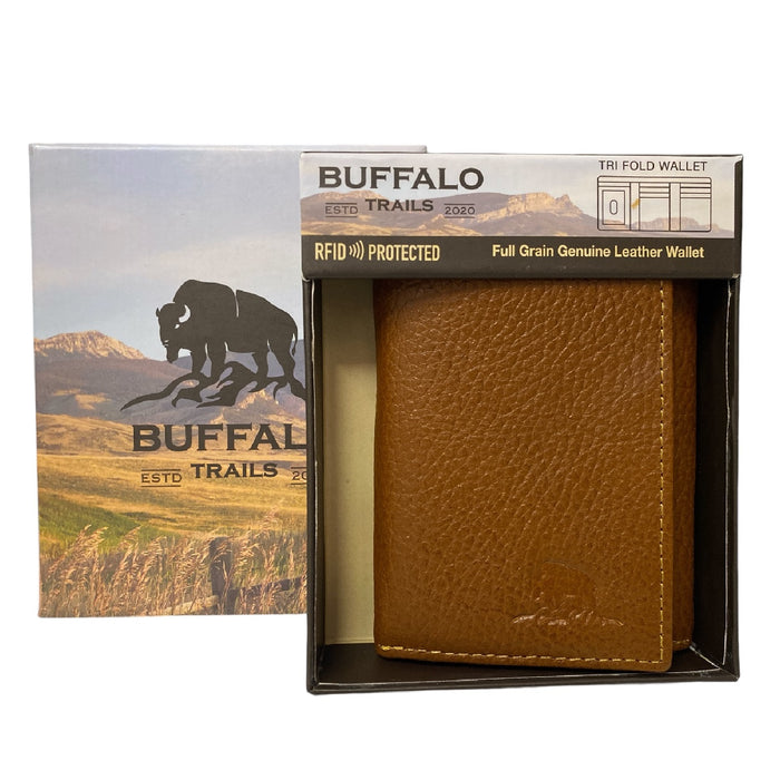 Buffalo Trails Genuine Full Grain Leather Trifold Wallet, Brown