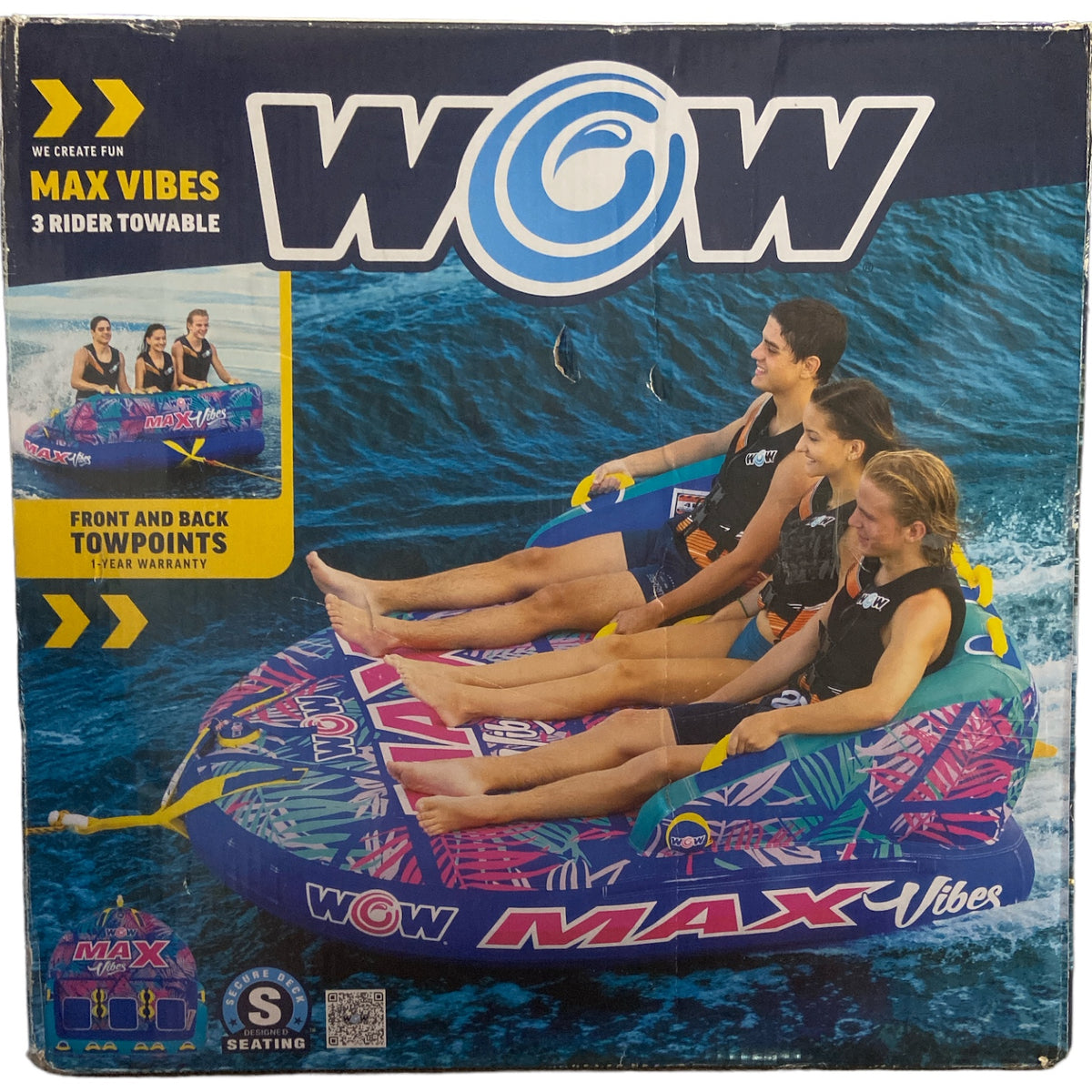 WOW Sports Inflatable Max Vibes Tropical Towable Tube for 1-3 Riders ...